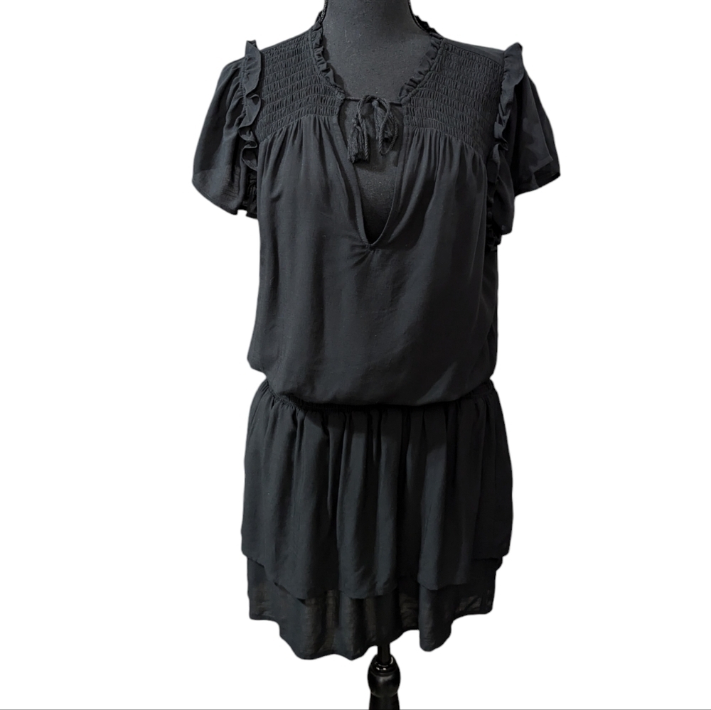 PAIGE Cristina Black Smocked Mini Dress Flutter Sleeve Tiered S - Picture 4 of 15